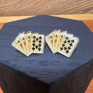 Vintage Royal Flush Suit Clubs Poker Stud Earrings Silver Tone Set